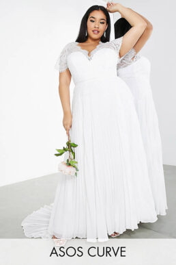 ASOS EDITION Curve Sophia plunge lace wedding dress with pleated skirt Ivory