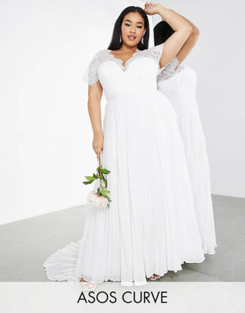 ASOS EDITION Curve Sophia plunge lace wedding dress with pleated skirt Ivory