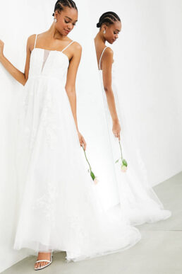 ASOS EDITION Margot super plunge floral embroidered wedding dress with skinny straps Ivory