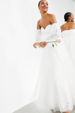 ASOS EDITION Mila off shoulder embroidered mesh wedding dress Ivory