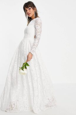 ASOS EDITION Odette lace long sleeve wedding dress with open back Ivory