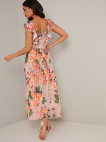 Chi Chi Ruffle Floral Print Midi Dress in Pink Multi