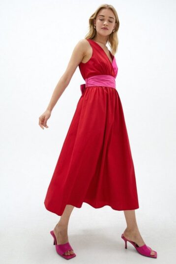 Coast Colour Block Poplin Wrap Dress Pink Red