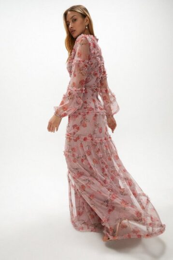 Coast Long Sleeve Cross Ruffle Detail Maxi Dress Pink Blush Multi