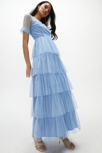 Coast Ruffle Tier Skirt Short Sleeve Maxi Dress, Light Blue - Dresses