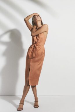 Reiss Kay Linen Midi Dress With Tie Detail Coral Pink Orange