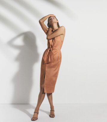 Reiss Kay Linen Midi Dress With Tie Detail Coral Pink Orange