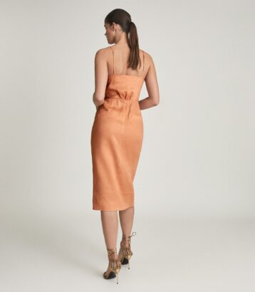 Reiss Kay Linen Midi Dress With Tie Detail, Coral/Pink/Orange - Image 2