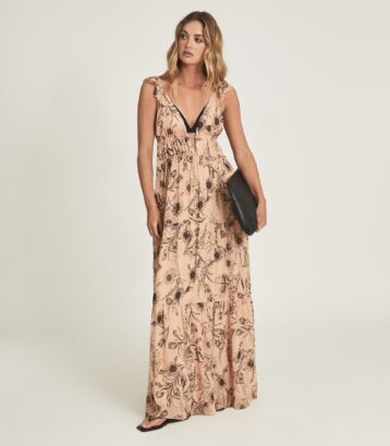 Reiss Peach floral printed maxi dress Blush Pink Orange