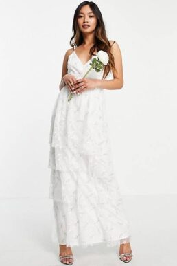 Vila Bridal cami smock dress with tiered skirt in light floral Ivory