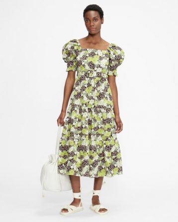 Ted Baker MAYSIIE Puff Sleeve Tiered Midi Dress Green Multi