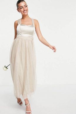 Vila Bridal dress with satin bodice and tuelle skirt in neutral