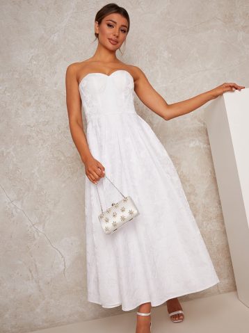 Chi Chi Bridal Strapless Floral Jacquard Midi Dress in White Dresses
