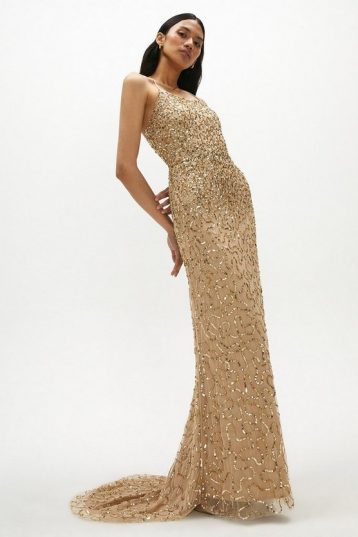 Coast All Over Sequin Cross Over Back Maxi Dress Gold