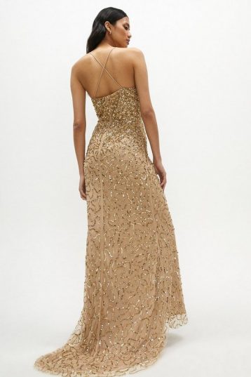 Coast All Over Sequin Cross Over Back Maxi Dress Gold