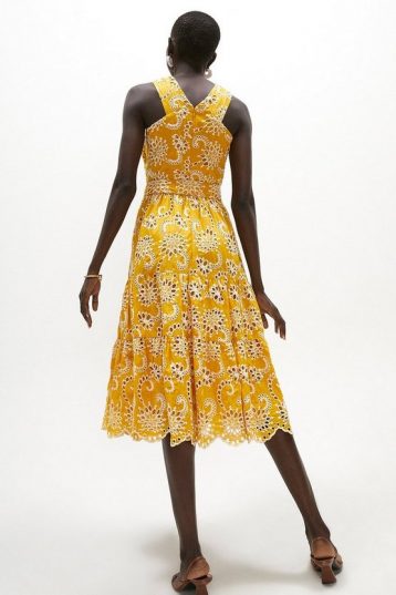 Coast Cross Over Broderie Midi Dress, Mustard Yellow/White - Image 2