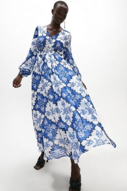 Coast Long Sleeve Shirred Waist Maxi Dress Blue White