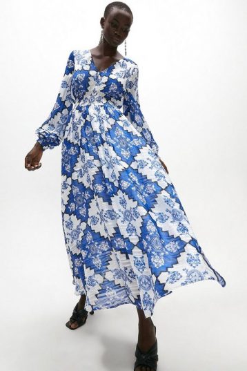 Coast Long Sleeve Shirred Waist Maxi Dress Blue White