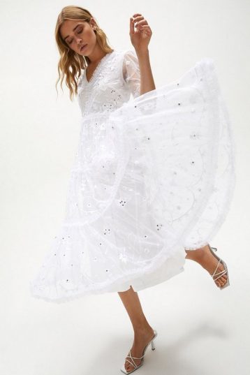 Coast Long Sleeve Tier Detail Embellished Dress Ivory