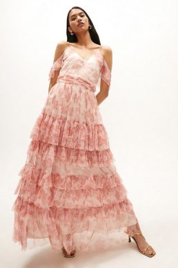 Coast Printed Mesh Tiered Maxi Dress Blush Ivory