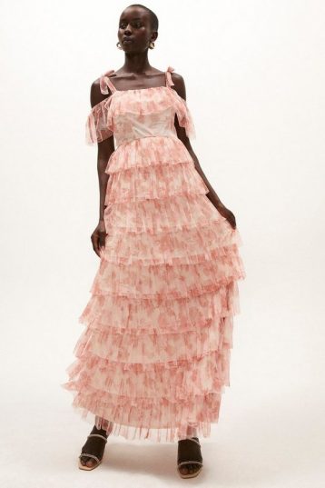 Coast Printed Mesh Tiered Maxi Dress, Pink/Ivory - Image 2