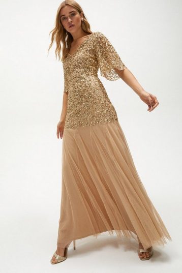 Coast Sequin Angel Sleeve Maxi Dress Gold