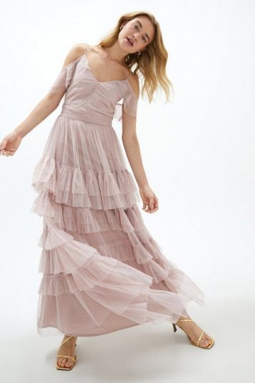 Coast V Neck Cold Shoulder Tiered Skirt Maxi Dress Light Pink Blush