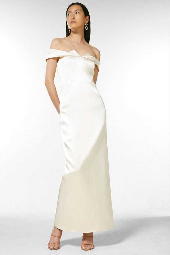 Italian Structured Satin Bardot Maxi Dress