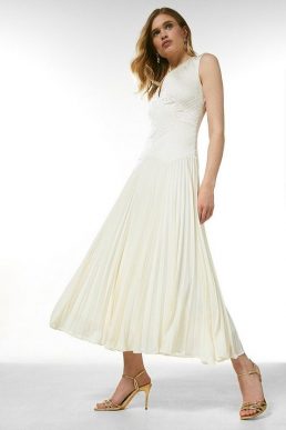 Karen Millen Quilt Satin And Pleat Deep V Midi Dress Ivory