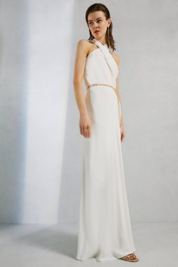 Karen Millen Viscose Crepe Satin Halter Neck Maxi Dress Ivory