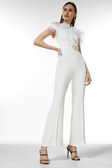 Karen Millen Viscose Satin Crepe Feather Bandeau Jumpsuit Ivory