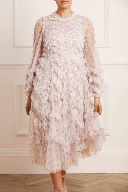 Needle & Thread Bijou Rose Long Sleeve Ballerina Dress Ivory Blush