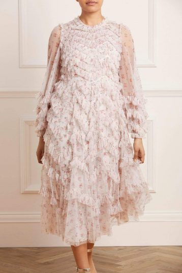 Needle & Thread Bijou Rose Long Sleeve Ballerina Dress Ivory Blush