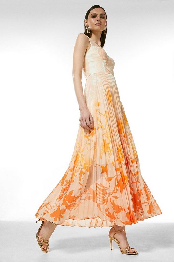 Ombre Floral Pleated Deep V Maxi Dress