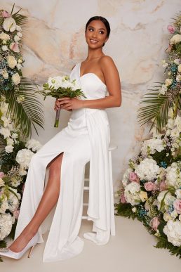 Chi Chi Petite One Shoulder Satin Bridal Wedding Dress in White