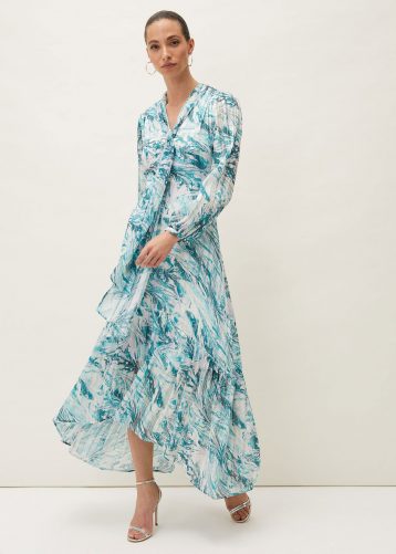 Phase Eight Lauretta Abstract Print Maxi Dress Aqua Blue Ivory