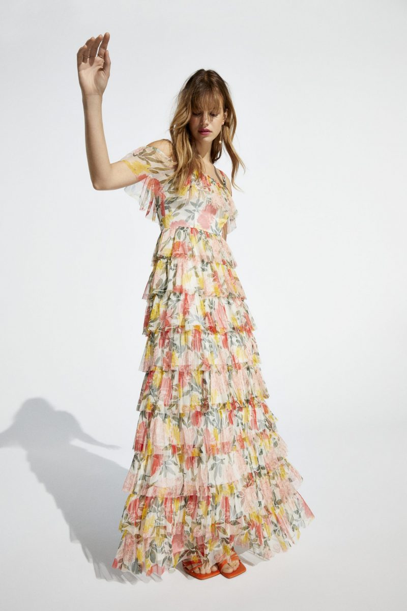 Printed Mesh Tiered Maxi Dress