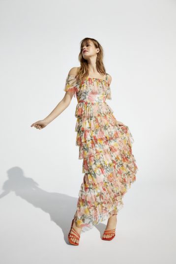 Coast Printed Mesh Tiered Maxi Dress Yellow Multi