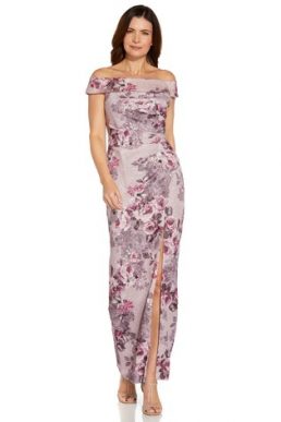 Adrianna Papell Matelasse Bardot Column Gown Purple Multi