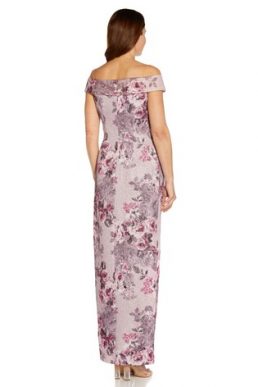 Adrianna Papell Matelasse Bardot Column Gown Purple Multi