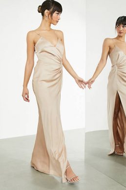 ASOS EDITION satin cami maxi dress with drape detail in caramel