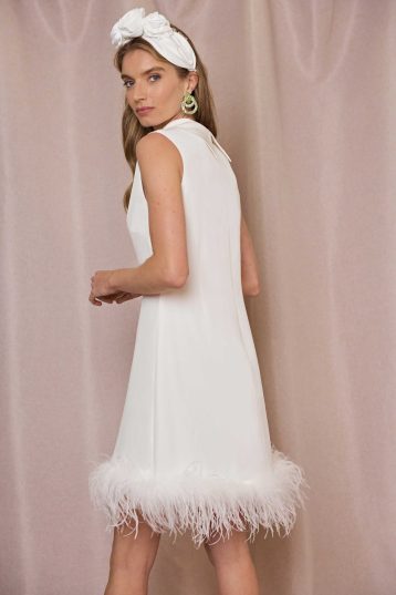RIXO Feather-Trim Candice Bridal Short Feather Trim Dress, Ivory