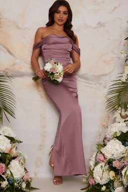 Chi Chi Bardot Ruched Satin Bridesmaid Maxi Dress Lilac Purple