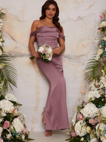 Chi Chi Bardot Ruched Satin Bridesmaid Maxi Dress Lilac Purple