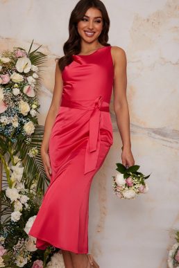 Chi Chi Cowl Neck Satin Bridesmaid Midi Dress Fuschia Pink