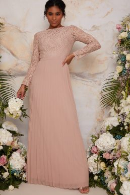 Chi Chi Long Sleeved Lace Pleated Maxi Bridesmaid Dress Champagne Pink Blush