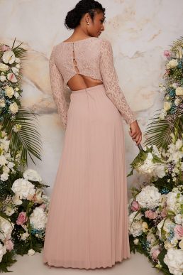 Chi Chi Long Sleeved Lace Pleated Maxi Bridesmaid Dress Champagne Pink Blush