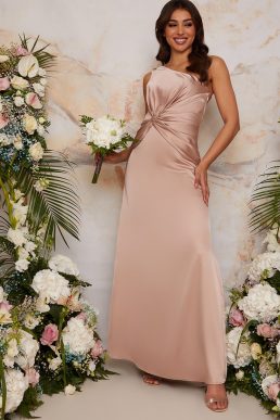 Chi Chi One Shoulder Satin Finish Maxi Bridesmaids Dress Champagne