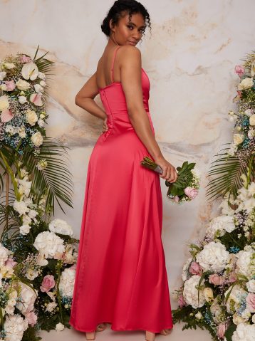 Chi Chi Ruched Satin Bridesmaid Maxi Dress, Fuschia Pink - Image 2