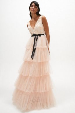 Coast Embellished Tiered Tulle Maxi Dress Pink Blush